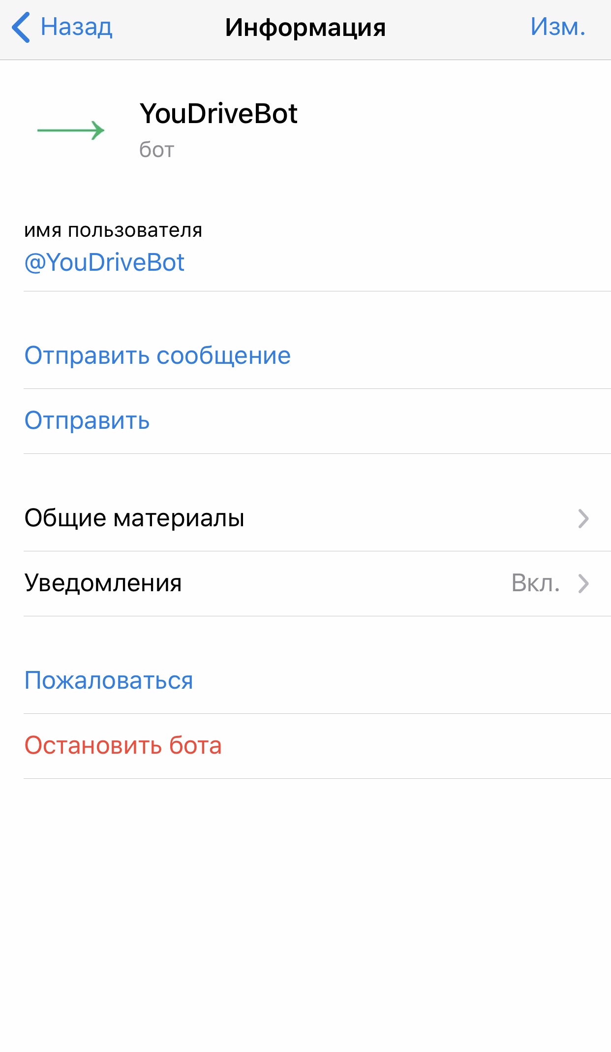 Бот от каршеринг-сервиса YouDrive в Telegram